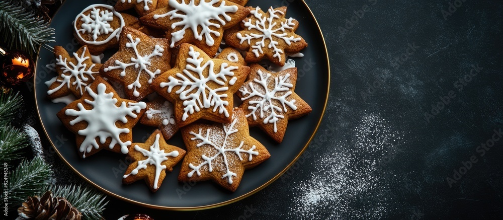 Fototapete Decorated Christmas cookies with icing and powdered sugar on a plate Dark backdrop top view vertical image. with copy space image. Place for adding text or design