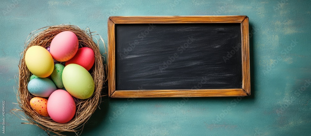 Leinwandbilder empty chalkboard and vibrant easter eggs in a basket on a green background. with copy space image. p