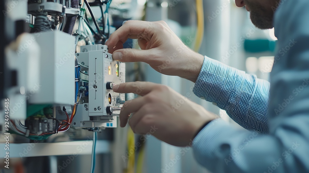 Poster close-up of engineer's hands operating environmental sensor for precise air measurement