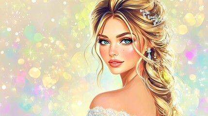 Cheerful and Attractive Cartoon Bride with Golden Hair in a Shimmering Wedding Dress and Colorful Makeup
