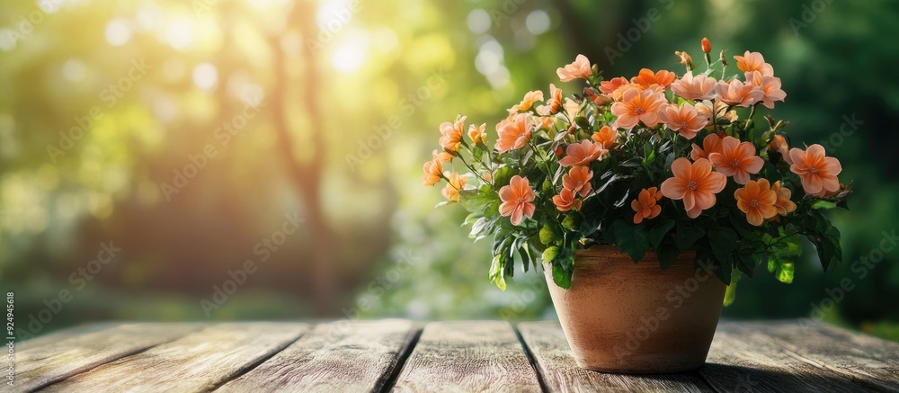 Aufkleber Beautiful artificial flowers blooming in a pot on an old wooden table in the park. with copy space image. Place for adding text or design