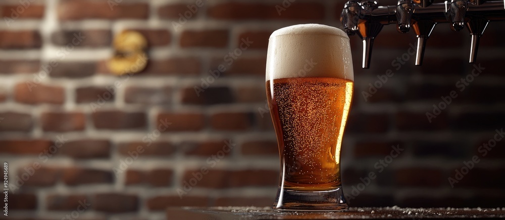 Aufkleber pouring beer into a pint against a stylish brick wall backdrop fresh drinks and a pub atmosphere. wi