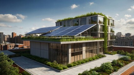 Obraz premium A modern building with a green rooftop garden, solar panels, and rainwater harvesting systems, set against a backdrop of a sustainable urban environment.