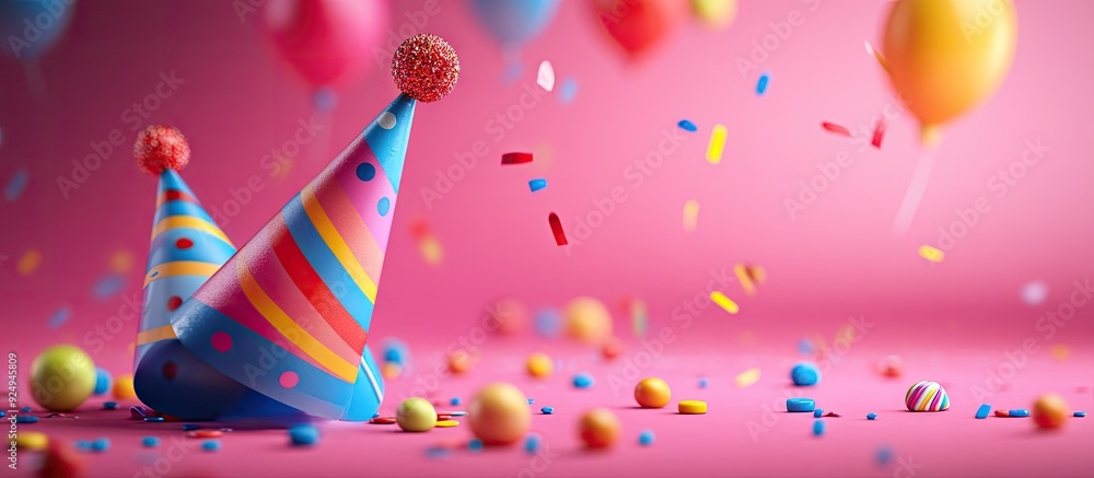 Poster Party background image featuring party hats streamers and colorful candies captured with copy space