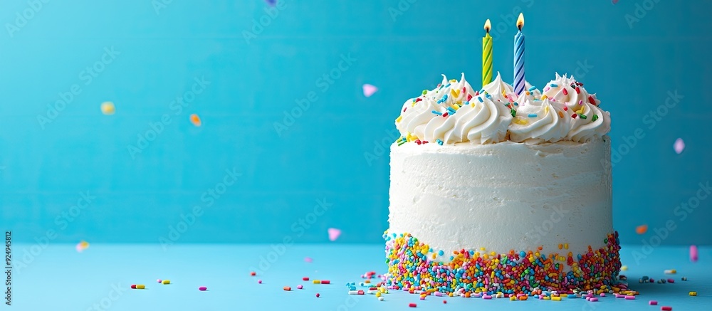 Aufkleber white birthday cake with vibrant sprinkles against a blue background. with copy space image. place f