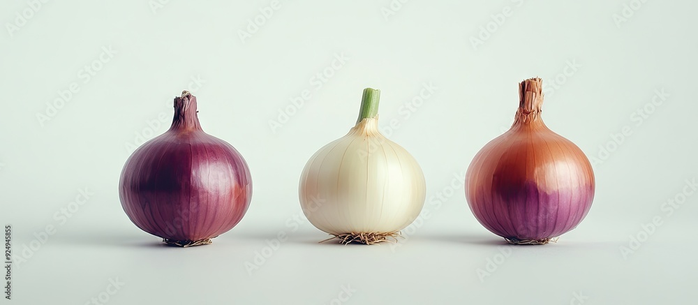 Poster three onions set against a white background. with copy space image. place for adding text or design