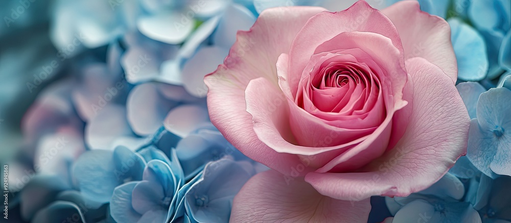 Aufkleber Macro abstract art perspective of a stunning pink rose flower bloom in a floral arrangement featuring a backdrop of blue hydrangeas. with copy space image. Place for adding text or design