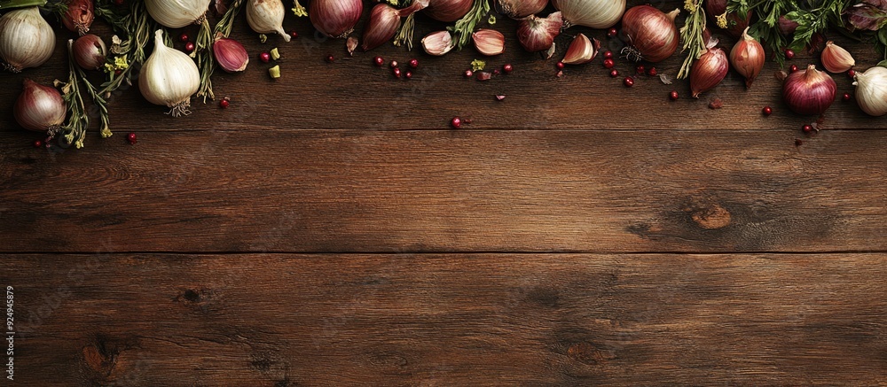 Fototapete Garlic and onions on a wood backdrop. with copy space image. Place for adding text or design
