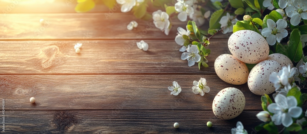 Poster Easter eggs and spring flowers on a wooden background. with copy space image. Place for adding text or design