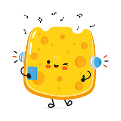 Cheese listens to music on headphones with a smartphone. Vector hand drawn cartoon kawaii character illustration icon. Isolated on white background. Cheese character concept
