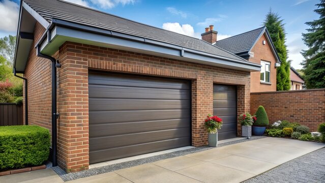 A modern up-and-over garage door with a sleek design and horizontal panels, set in a brick-built UK suburban home with a tidy front garden.