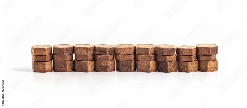 Poster Stacks of coins arranged in rows with wooden blocks isolated on a white background Side decoration CIT Corporate Income Tax. with copy space image. Place for adding text or design