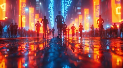 Obraz premium 3D render of a diabetes awareness marathon with runners and banners, background glowing with energy and motivation 