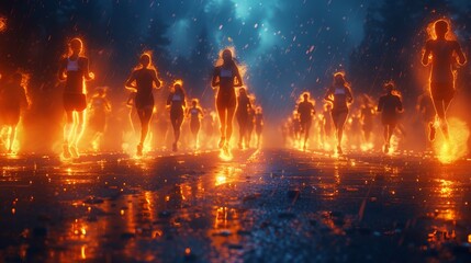 3D render of a diabetes awareness marathon with runners and banners, background glowing with energy and motivation 