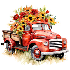 Vintage red truck filled with vibrant sunflowers and wildflowers, set in a rustic, picturesque scene. Ideal for autumn or floral themes.