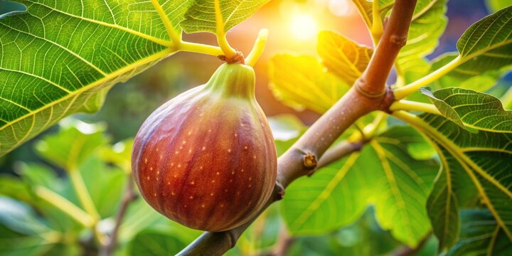 Ripe fig fruit hangs from branches of a lush, green-leafed tree, its smooth, brown skin glistening in the warm sunlight, conveying a sense of natural abundance.