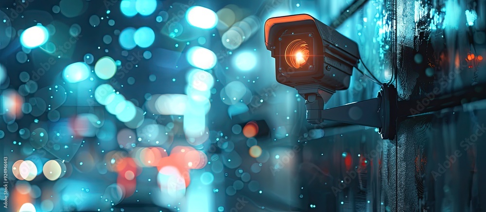 Poster close up of a cctv camera with a blurred background and copy space