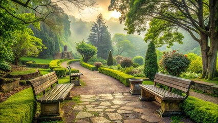 Obraz premium A nostalgic scene of a serene vintage park with aged stone benches, lush greenery, and a winding path leading to a distant misty horizon.