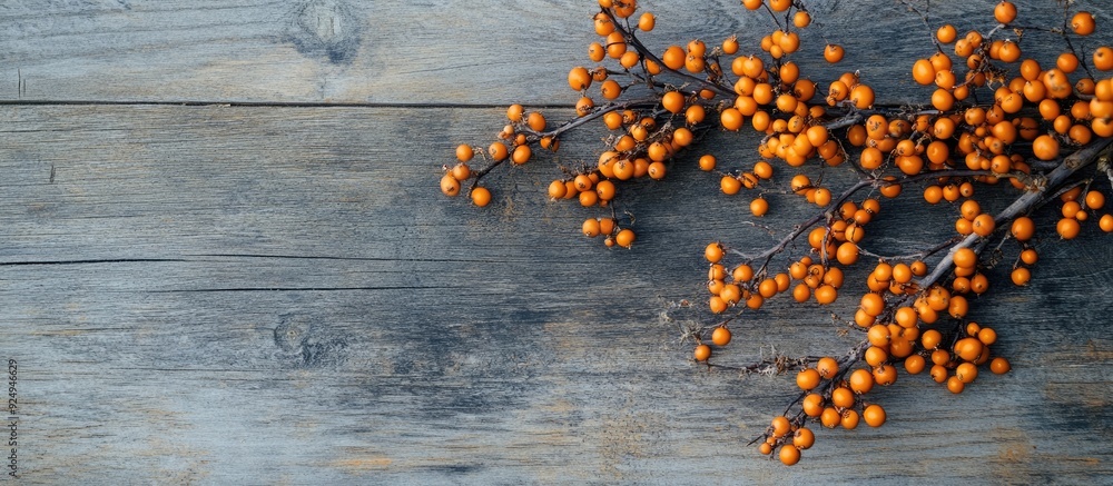 Leinwandbilder Flat lay featuring an autumn arrangement of common sea buckthorn and briar branches on a wooden surface. with copy space image. Place for adding text or design