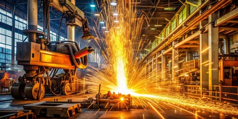 Vibrant sparks erupt from a welding torch as molten metal glows orange, illuminating a dark industrial workshop filled with heavy machinery and metalworking equipment.