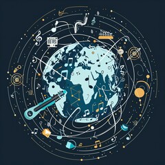 Fototapeta premium a globe surrounded by connected music notes and musical instruments, vector style, single color, simple lines ,generative ai