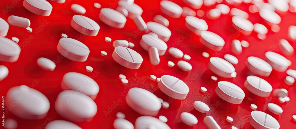 Poster several white tablets are arranged on a vibrant red background resembling a bacterium background ima