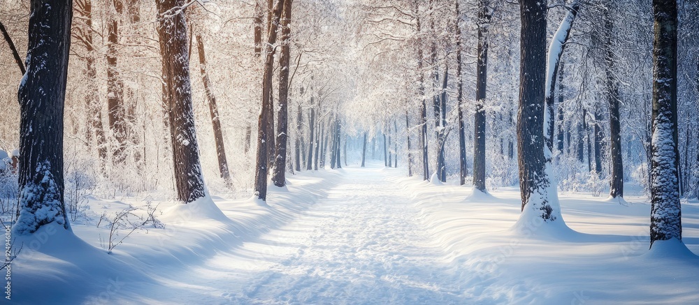 Aufkleber winter forest with snow covering the trees and pathway copy space for text