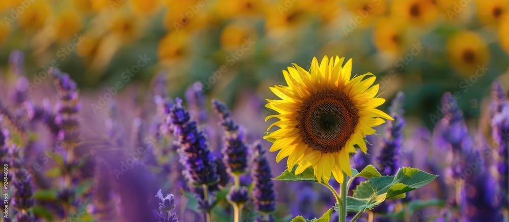 Poster attractive sunflower and purple wild sage set against a white background. with copy space image. pla