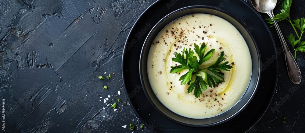 Poster vegan cream soup top view with copy space various pureed soups set against a black background