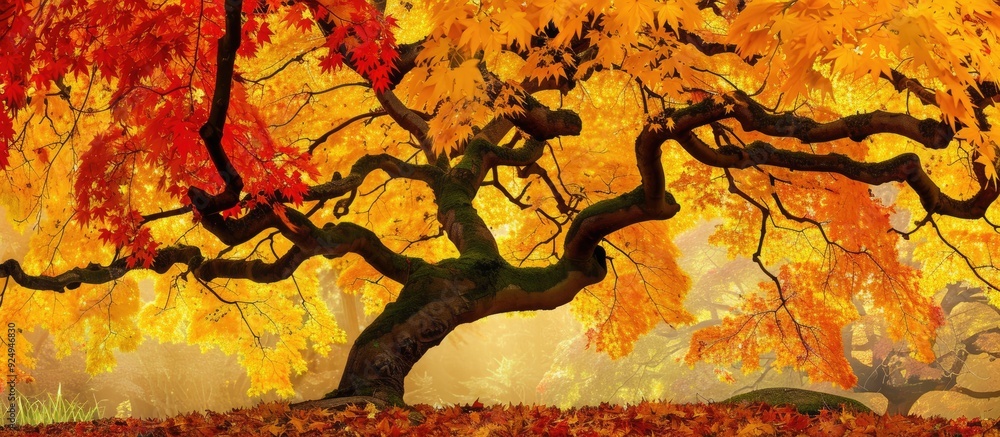 Leinwandbilder many japanese maples are beginning to change color. with copy space image. place for adding text or 