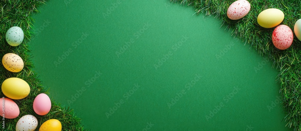 Fototapete Top view of Easter decorations featuring eggs on grass with a green background. with copy space image. Place for adding text or design