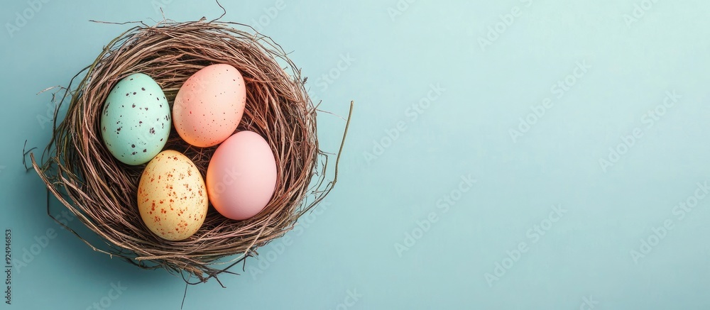 Poster Easter eggs in a nest on a pastel background seen from above Top view Copy space