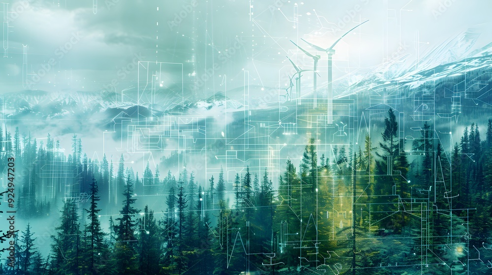 Wall mural Futuristic landscape with wind turbines.