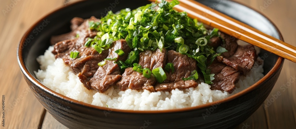 Poster japanese dish negi gyudon features spring onion and beef served over rice. with copy space image. pl