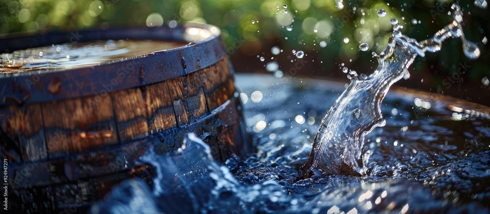 Poster Blue and brown water spouting from a barrel. with copy space image. Place for adding text or design