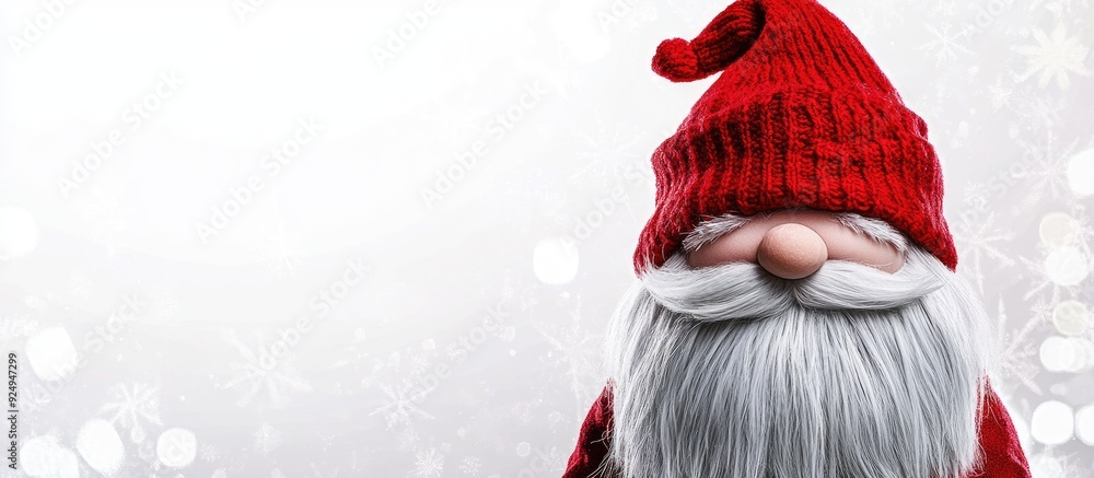 Poster Christmas postcard featuring a Scandinavian gnome in a red hat Gnome on a white background with blank space for text. with copy space image. Place for adding text or design