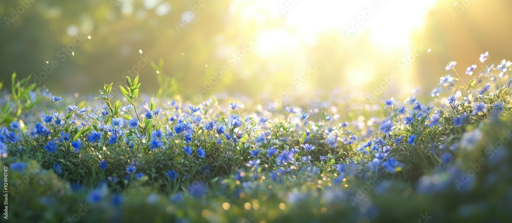 Poster a meadow of flowers with blue wildflowers blooming in the summer garden. with copy space image. plac