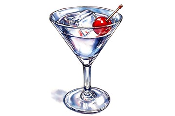 Watercolor illustration of a martini glass with ice and a cherry.