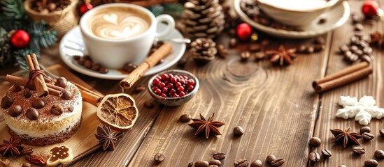 Fototapeta premium coffee beans accompanied by Christmas decorations spices and cake on a wooden surface. with copy space image. Place for adding text or design