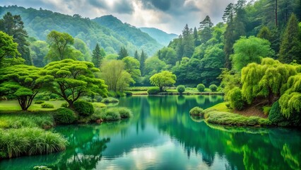 Obraz premium A serene and soothing monochromatic green landscape featuring various shades of greenery, from light mint to deep emerald, in a tranquil natural setting.