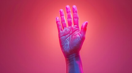 Obraz premium Illustration of a 3D render showing a hand raised in a stop gesture with a ribbon, background colored in bold tones for awareness 