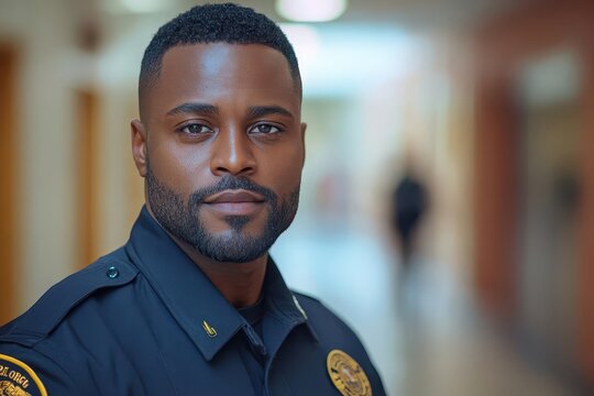 african american security guard in uniform patrolling a school hallway professional demeanor attentive gaze and protective stance convey a sense of safety and vigilance