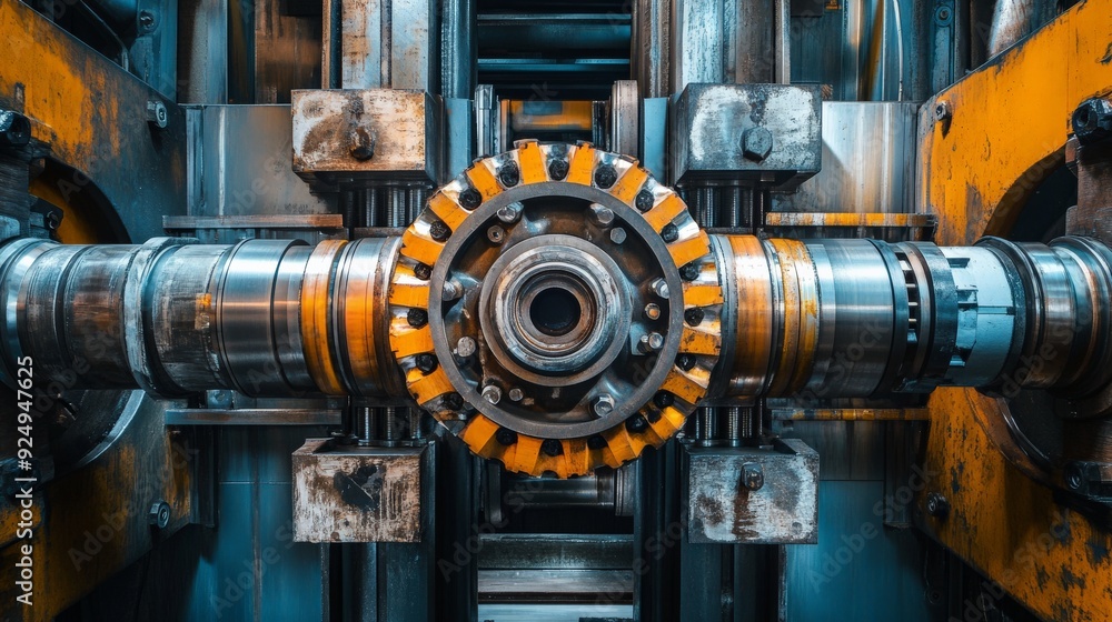 Poster close-up of industrial machinery with metallic gears and components, showcasing modern engineering a