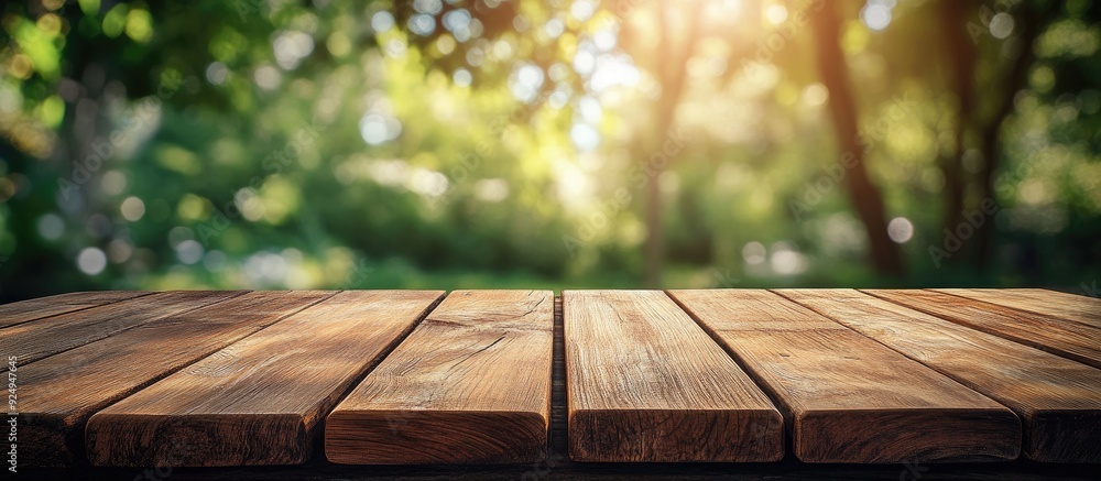 Poster Selected focus on an empty brown wooden table with a blurred background featuring a bokeh effect Suitable for your photomontage or product display. with copy space image