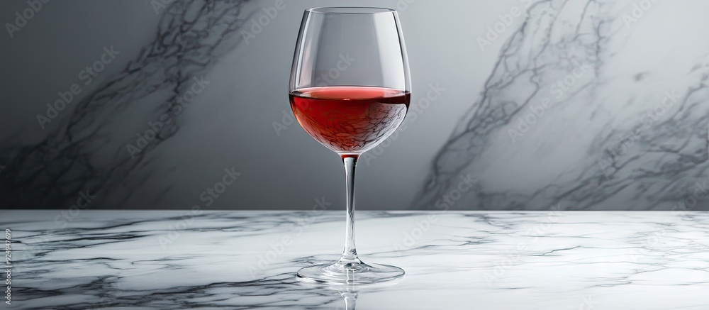 Poster glass of red wine on marble surface isolated against grey background. with copy space image. Place for adding text or design