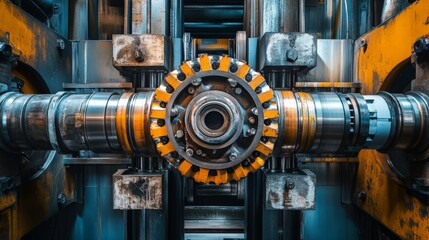 Obraz premium Close-up of industrial machinery with metallic gears and components, showcasing modern engineering and technology in a factory setting.