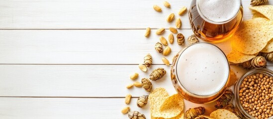Background with beer and snacks Hops beer chips and nuts Set against a white wooden backdrop Copyspace available for text Top view