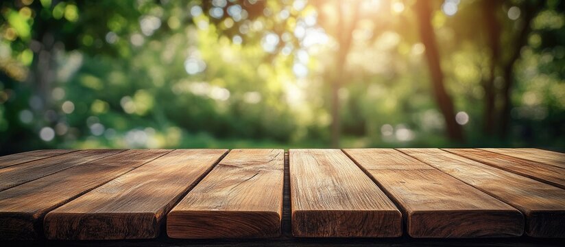 Selected focus on an empty brown wooden table with a blurred background featuring a bokeh effect Suitable for your photomontage or product display. with copy space image