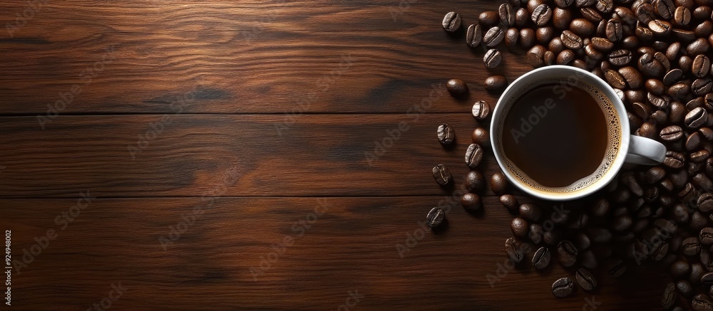 Aufkleber coffee beans and a cup of coffee on the table. with copy space image. Place for adding text or design