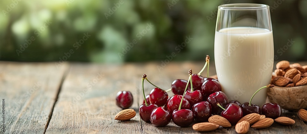 Fototapete nutritious breakfast featuring cherries almonds and milk on a wooden surface. with copy space image.